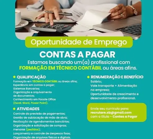 1 Vaga de emprego para Contas A Pagar no Segmento contábil em 10/09
