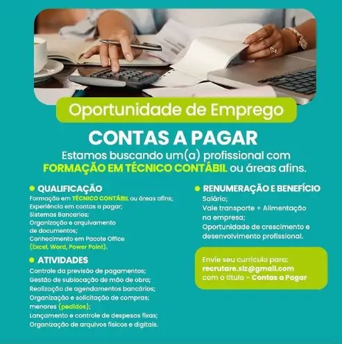1 Vaga de emprego para Contas A Pagar no Segmento contábil em 10/09