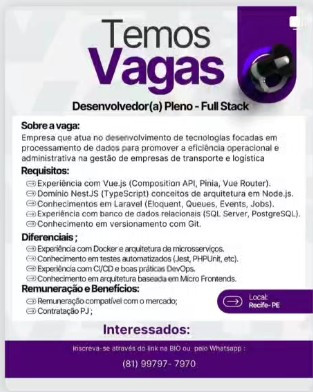 1 Vaga de emprego para Desenvolvedor Pleno Full Stack na empresa Inovar RH em 06/09