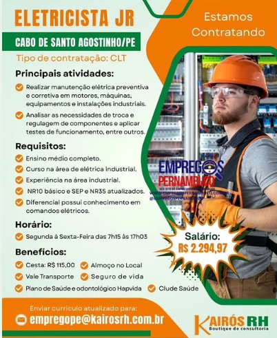 1 Vaga de emprego para Eletricista Júnior na empresa Kairós RH em 23/09