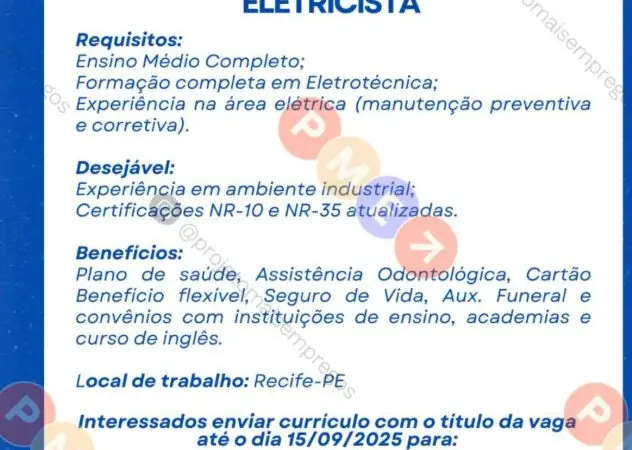 1 Vaga de emprego para Eletricista no Segmento industrial em 08/09
