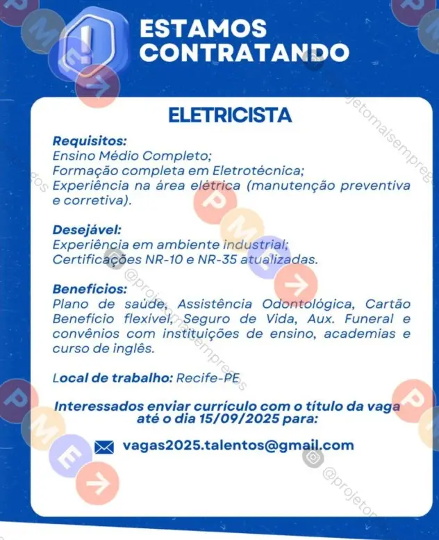 1 Vaga de emprego para Eletricista no Segmento industrial em 08/09