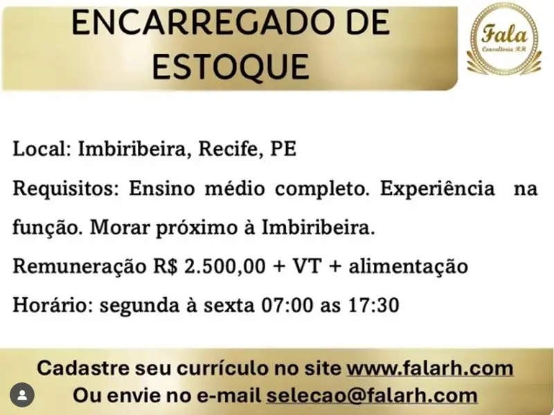 1 Vaga de emprego para Encarregado De Estoque na empresa Fala RH em 08/09