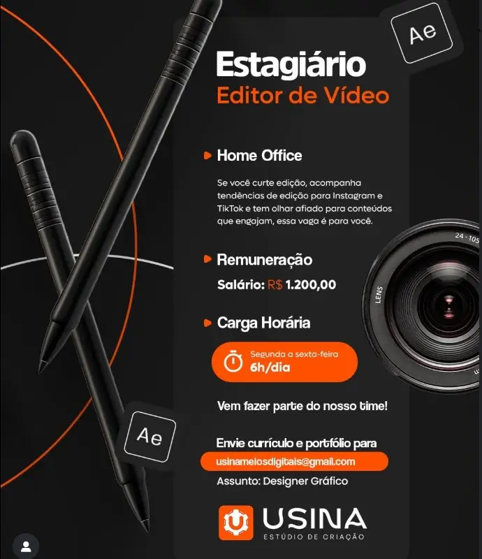 1 Vaga de emprego para Estagiário Editor De Vídeo sem experiência na empresa Usina Estúdio de Criação em 08/09