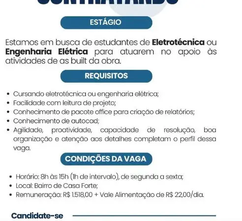 1 Vaga de emprego para Estágio Eletrotécnico sem experiência na empresa FK Engenharia em 06/09