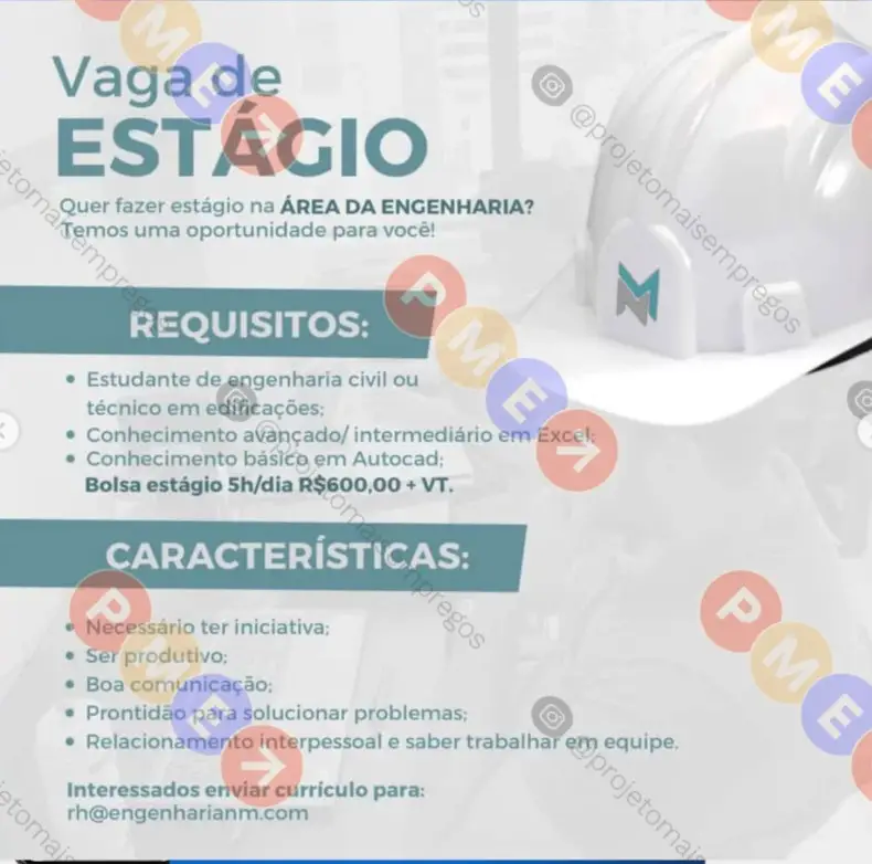 1 Vaga de emprego para Estágio De Engenharia sem experiência na empresa NM Engenharia em 06/09