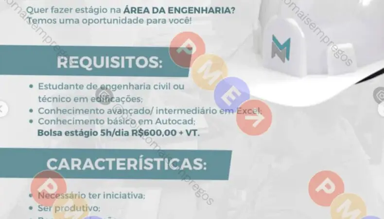 1 Vaga de emprego para Estágio De Engenharia sem experiência na empresa NM Engenharia em 06/09