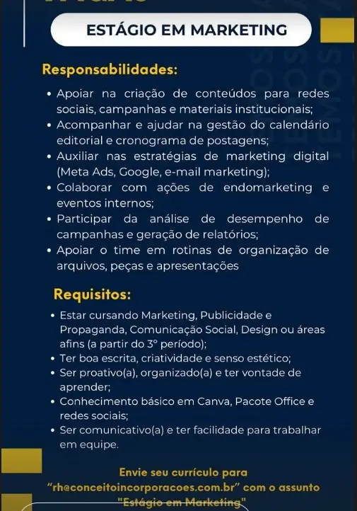 1 Vaga de emprego para Estágio De Marketing sem experiência na empresa Conceito em 06/09