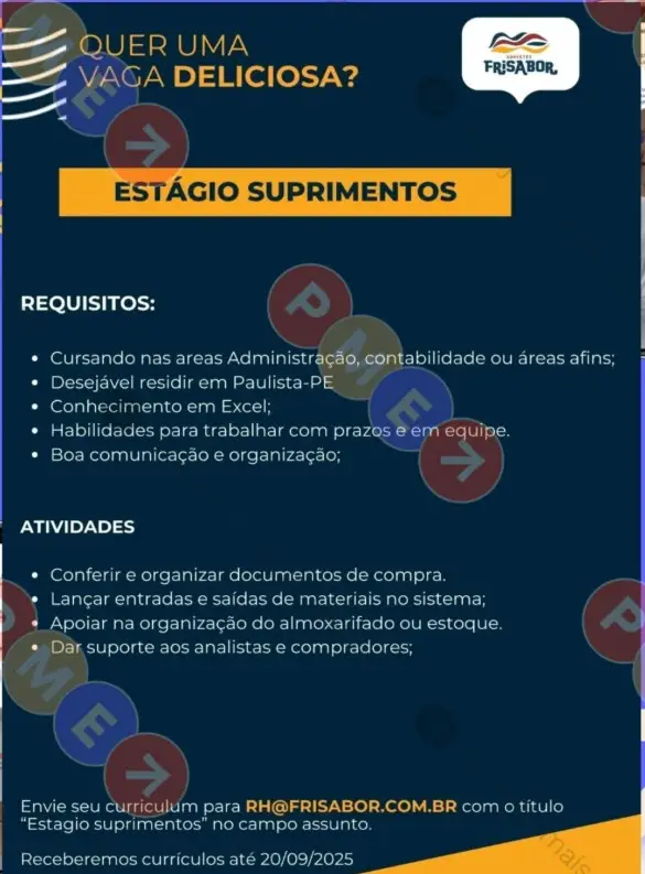 1 Vaga de emprego para Estágio De Suprimentos sem experiência na empresa Frisabor em 06/09