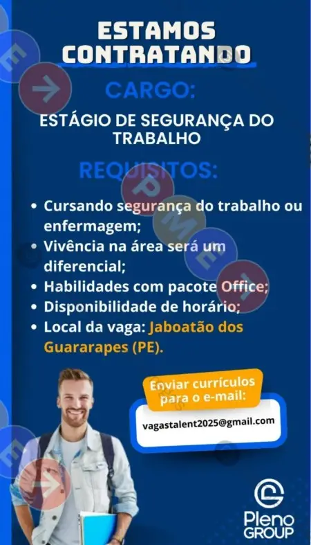 1 Vaga de emprego para Estágio De Segurança Do Trabalho sem experiência na empresa Pleno Group em 06/09