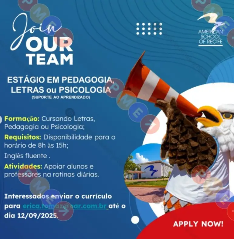 1 Vaga de emprego para Estágio De Letras, Pedagogia Ou Psicologia sem experiência na empresa Escola Americana de Recife em 09/09