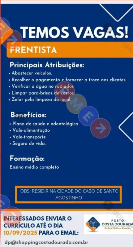 1 Vaga de emprego para Frentista na empresa Posto Costa Dourada em 06/09