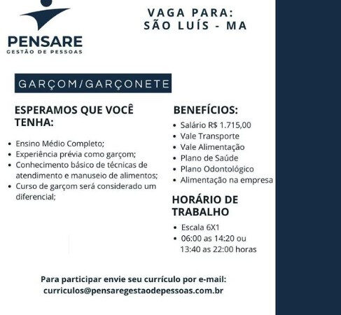 1 Vaga de emprego para Garçom na empresa Pensare Gestão de Pessoas em 10/09