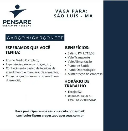 1 Vaga de emprego para Garçom na empresa Pensare Gestão de Pessoas em 10/09
