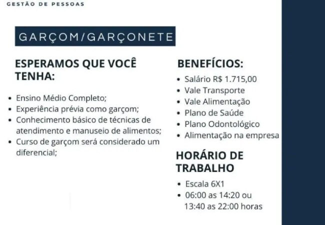 1 Vaga de emprego para Garçom na empresa Pensare Gestão de Pessoas em 08/09