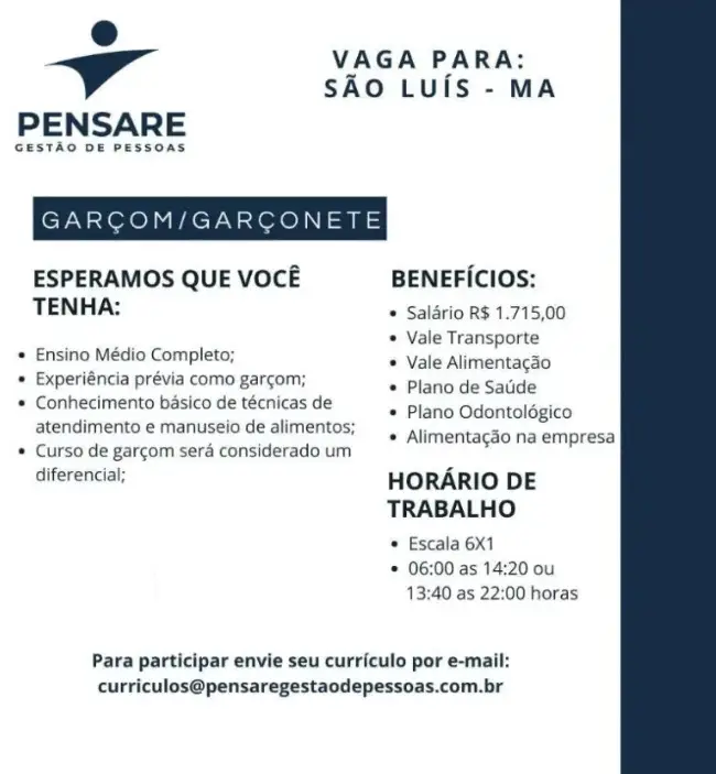 1 Vaga de emprego para Garçom na empresa Pensare Gestão de Pessoas em 08/09