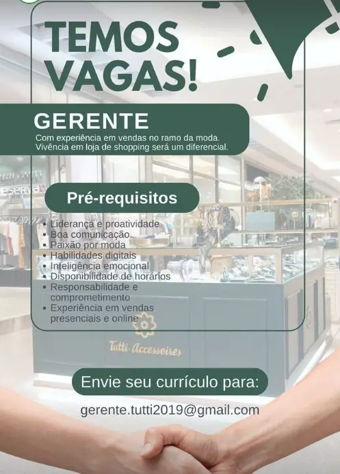 1 Vaga de emprego para Gerente no Segmento de loja de roupas em 08/09