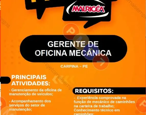 1 Vaga de emprego para Gerente De Oficina Mecânica na empresa Mauricéa em 06/09