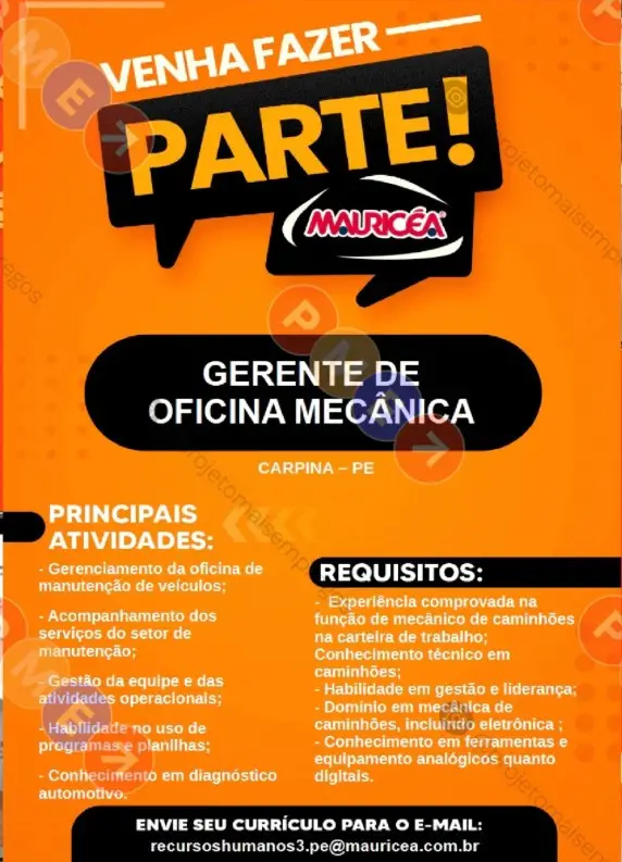 1 Vaga de emprego para Gerente De Oficina Mecânica na empresa Mauricéa em 06/09