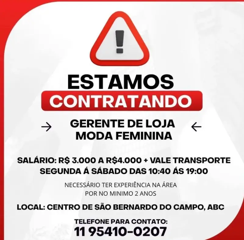 1 Vaga de emprego para Gerente De Loja Moda Feminina na Cidade em 06/09