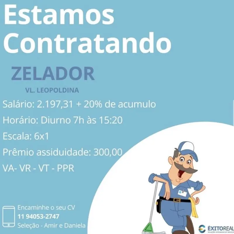 1 Vaga de emprego para Zelador na empresa Êxito real em 06/09