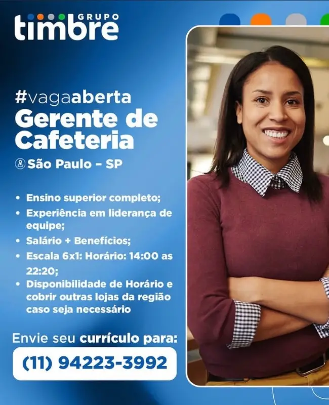 1 Vaga de emprego para Gerente De Cafeteria na empresa Grupo timbre em 06/09