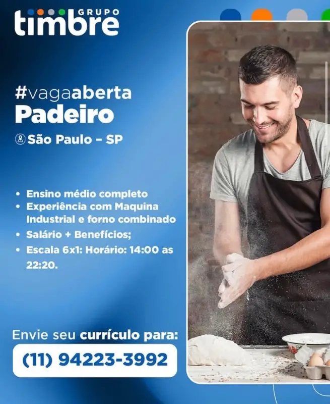 1 Vaga de emprego para Padeiro na empresa Grupo timbre em 06/09