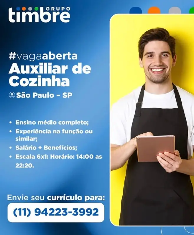 1 Vaga de emprego para Auxiliar De Cozinha na empresa Grupo timbre em 06/09