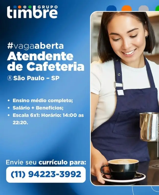 1 Vaga de emprego para Atendente De Cafeteria na empresa Grupo timbre em 06/09