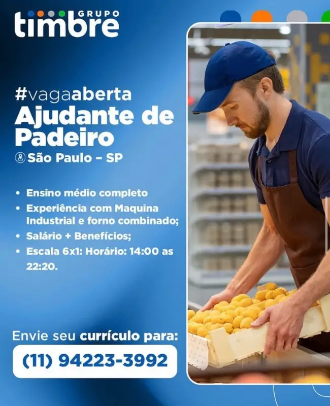1 Vaga de emprego para Ajudante De Padeiro na empresa Grupo timbre em 06/09