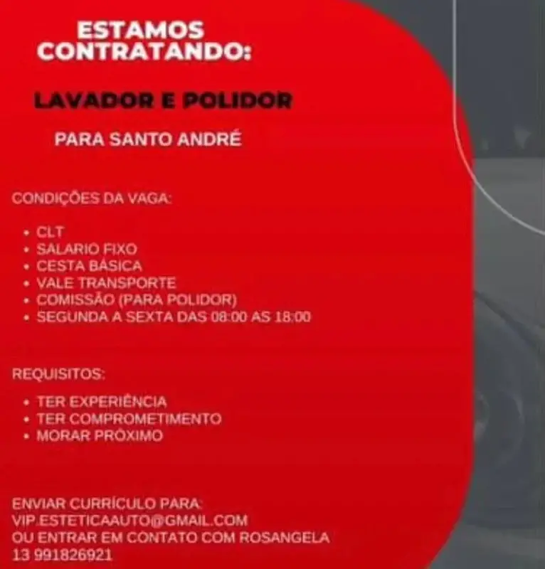 2 Vagas de emprego para Lavador E Polidor na Cidade em 06/09