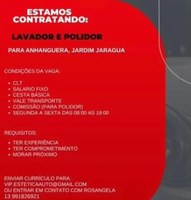 2 Vagas de emprego para Lavador E Polidor no Bairro em 06/09