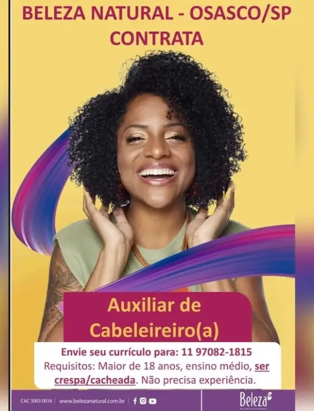 1 Vaga de emprego para Auxiliar De Cabeleireiro sem experiência na empresa Beleza natural em 06/09