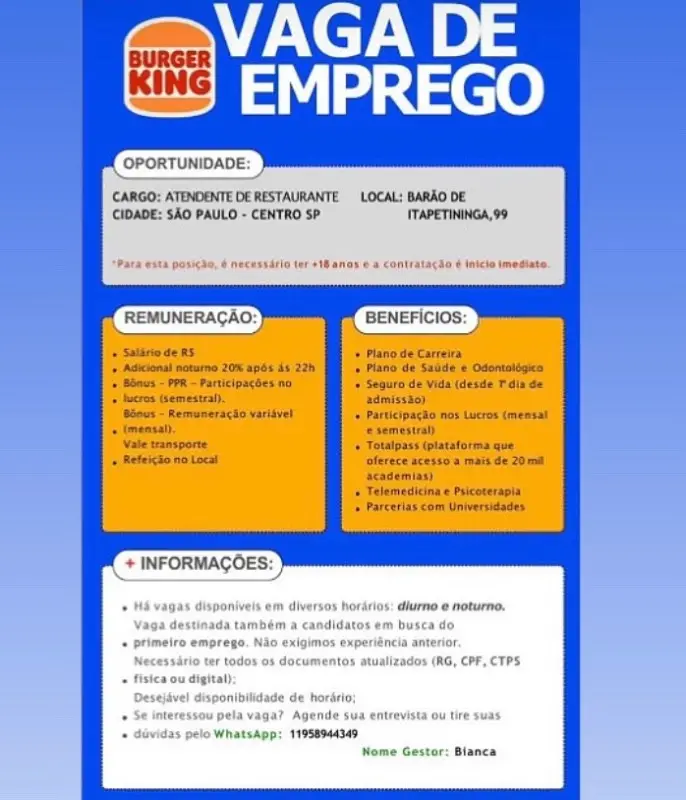 1 Vaga de emprego para Atendente De Restaurante sem experiência na empresa Burguer King em 06/09