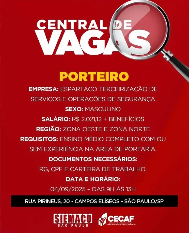 1 Vaga de emprego para Porteiro sem experiência na empresa Espartaco em 06/09