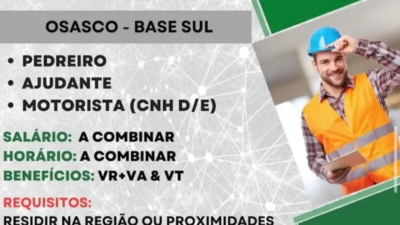 3 Vagas de emprego para Pedreiro, Ajudante E Motorista na empresa Era técnica em 06/09