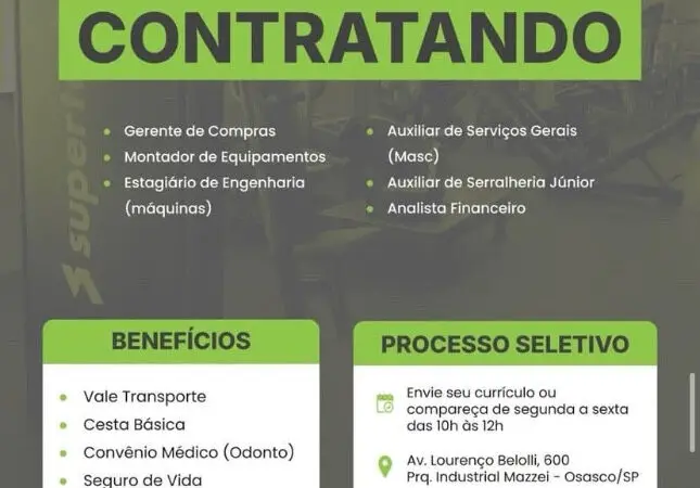 5 Vagas de emprego para Gerente De Compras, Montador De Equipamentos, Auxiliar De Serviços Gerais, Auxiliar De Serralheria Júnior, Analista Financeiro na empresa Supertech em 06/09