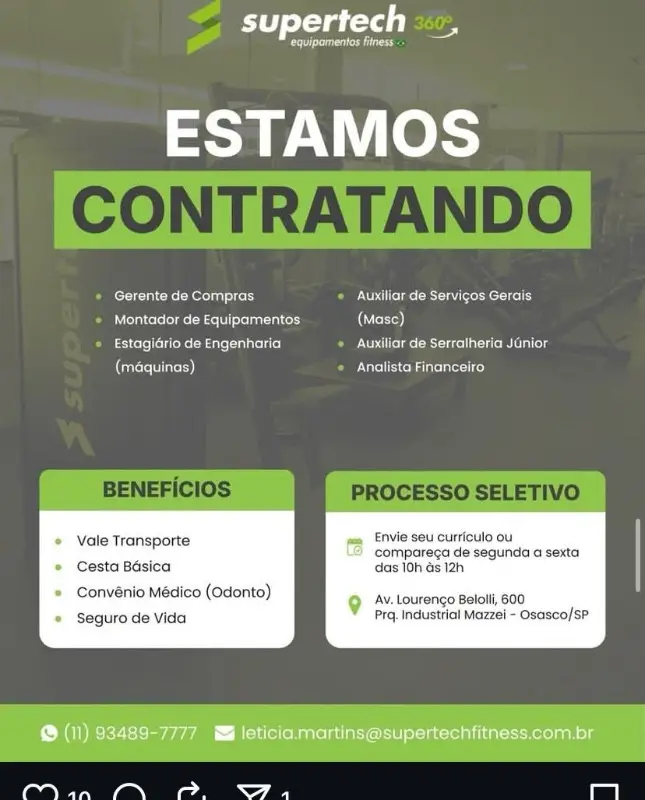 5 Vagas de emprego para Gerente De Compras, Montador De Equipamentos, Auxiliar De Serviços Gerais, Auxiliar De Serralheria Júnior, Analista Financeiro na empresa Supertech em 06/09