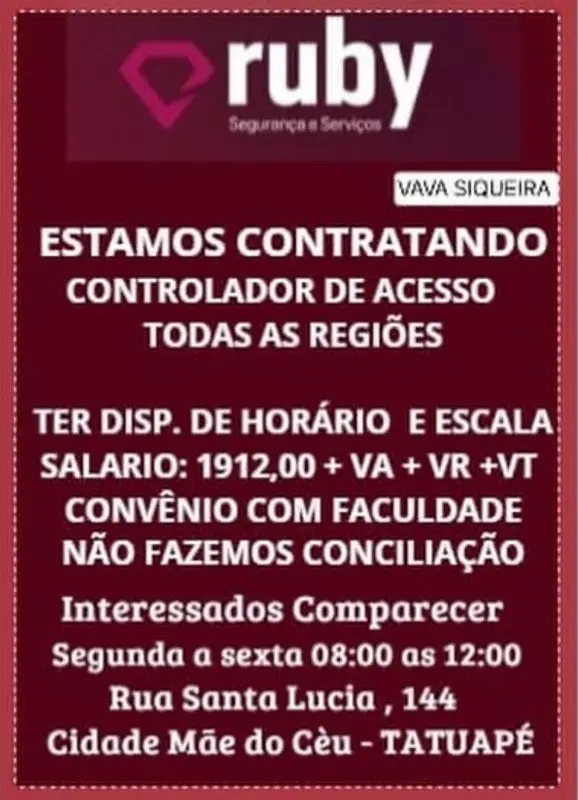 1 Vaga de emprego para Controlador De Acesso na empresa Ruby em 06/09