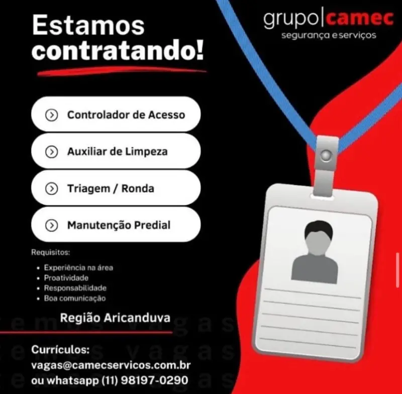 4 Vagas de emprego para Controlador De Acesso, Auxiliar De Limpeza, Triagem, Ronda, Manutenção Predial na empresa Grupo CAMEC em 06/09