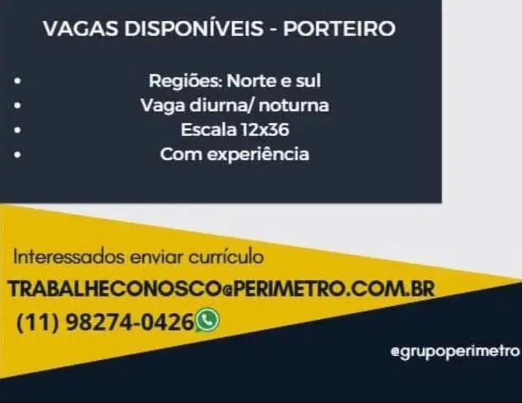 1 Vaga de emprego para Porteiro na empresa Grupo perímetro em 06/09