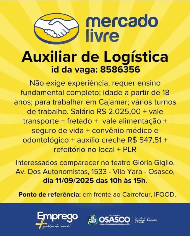 1 Vaga de emprego para Auxiliar De Logística sem experiência na empresa Mercado livre em 06/09