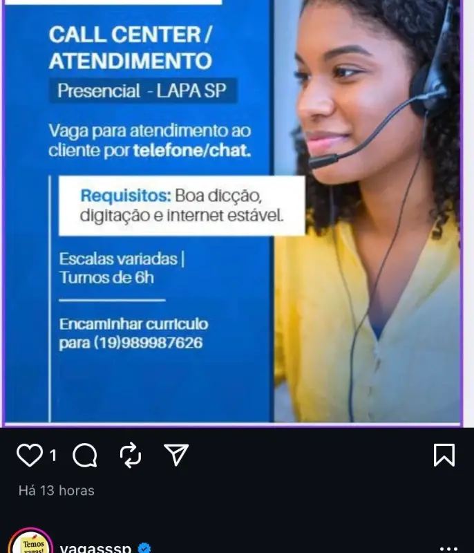 1 Vaga de emprego para Call Center, Atendimento no Bairro em 06/09