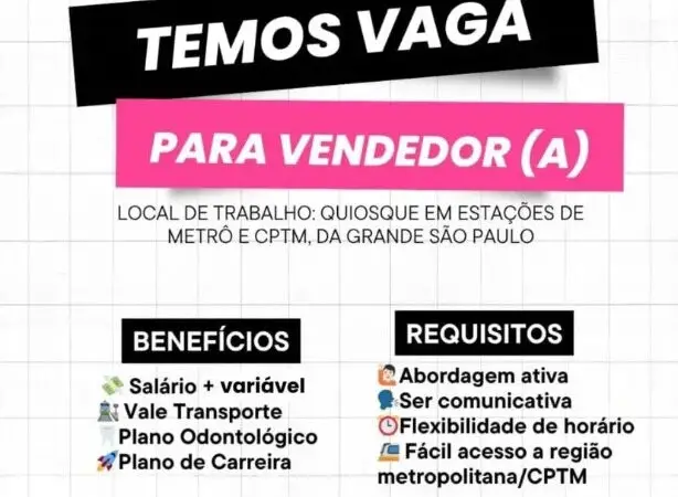 1 Vaga de emprego para Vendedor no Bairro em 06/09
