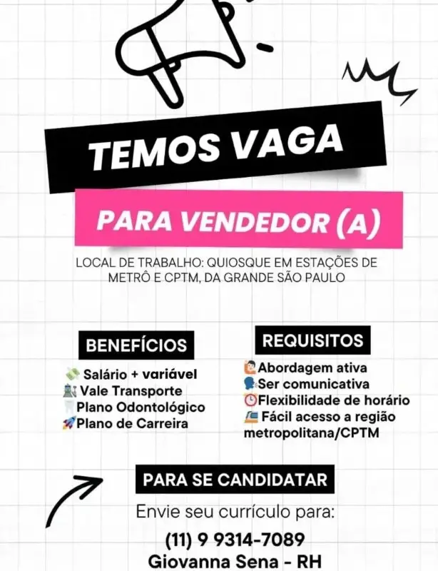1 Vaga de emprego para Vendedor no Bairro em 06/09