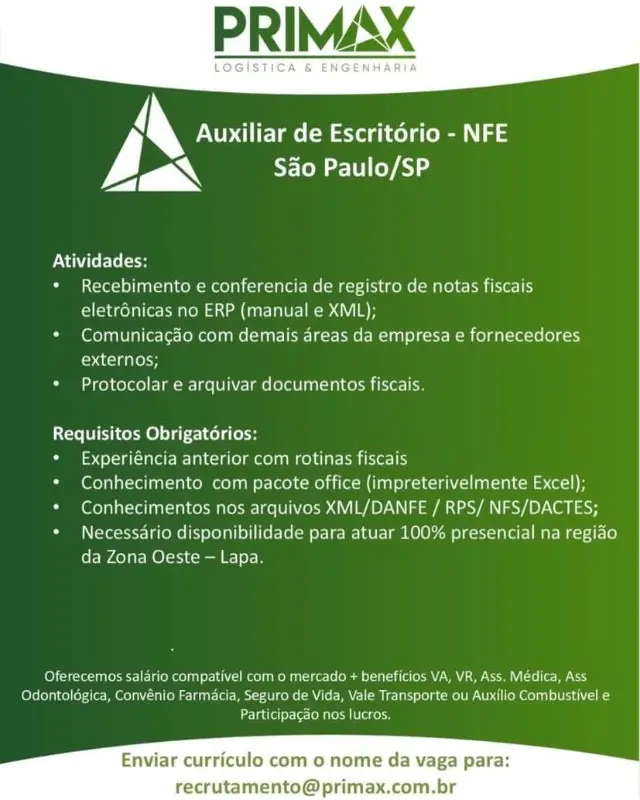1 Vaga de emprego para Auxiliar De Escritório na empresa PRIMAX em 06/09