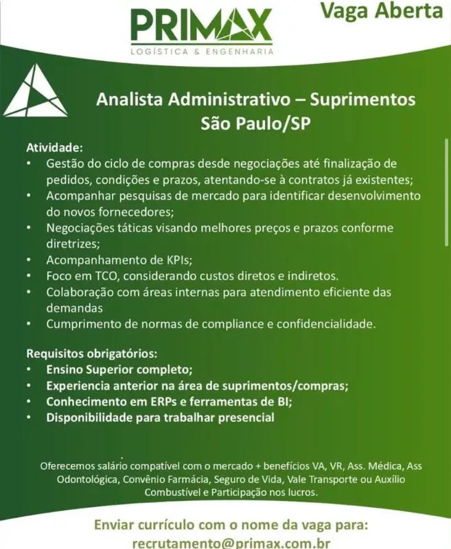 1 Vaga de emprego para Analista Administrativo na empresa PRIMAX em 06/09