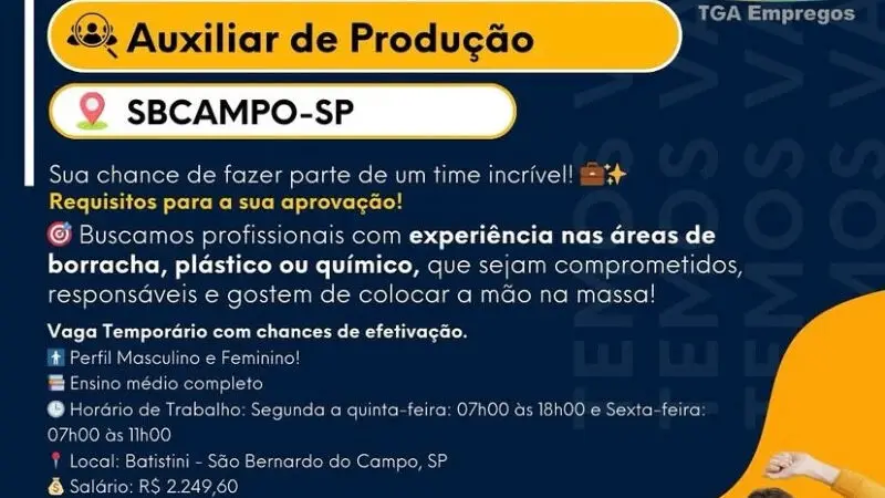 1 Vaga de emprego para Auxiliar De Produção na Cidade em 06/09