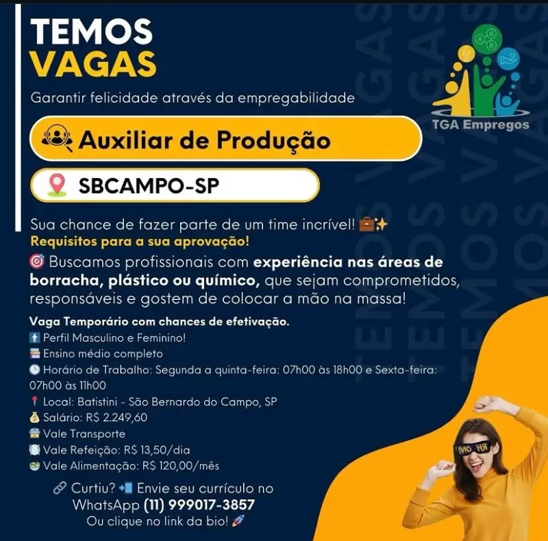 1 Vaga de emprego para Auxiliar De Produção na Cidade em 06/09