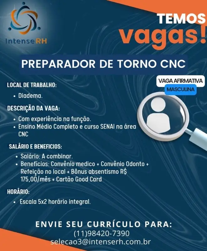 1 Vaga de emprego para Preparador De Torno Cnc na Cidade em 06/09